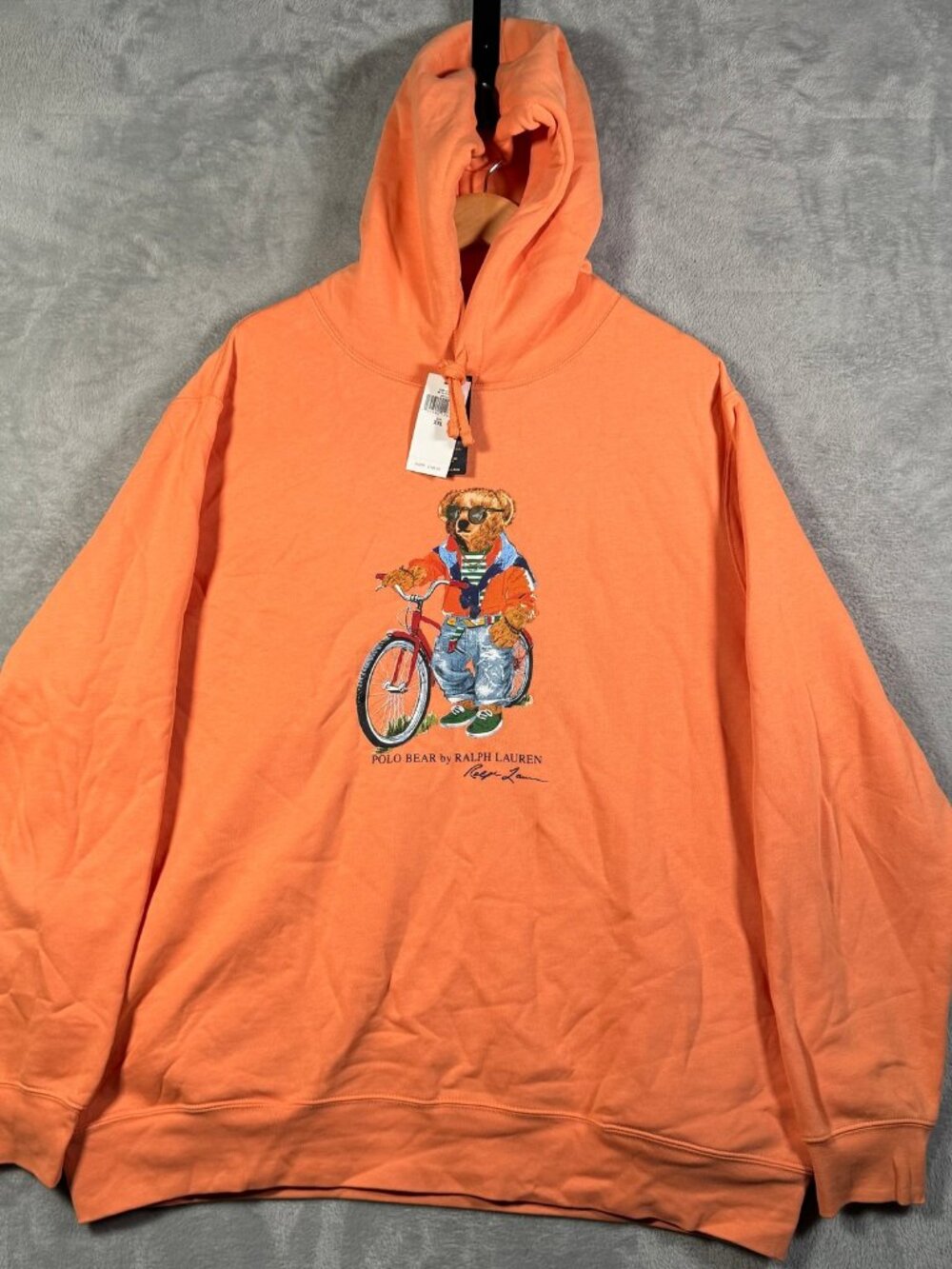 Polo Ralph Lauren Hoodie Mens XXL Orange Bear Bicycle Fleece Pullover $188